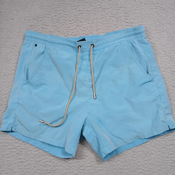 BOSS Hugo Boss Shorts Mens Medium Blue Stripe Swim Trunks Mesh Lined Drawstring - Picture 1 of 6